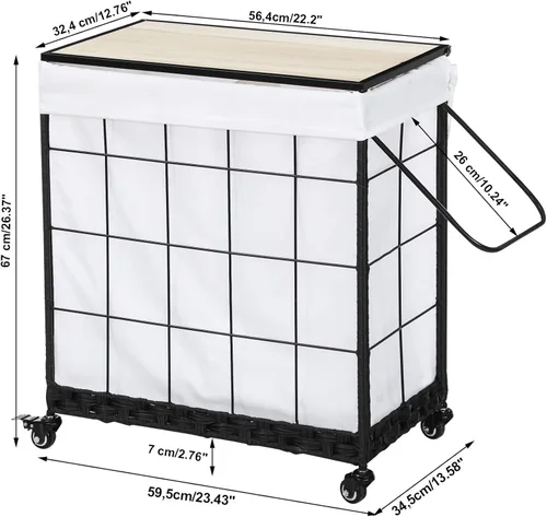 Miniatura 7 de Cesta de lavandería duradera con bolsa interior extraíble, ruedas resistentes, tapa de madera y asa de metal - Clasificador de ropa y canasta