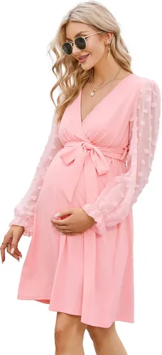 Coolmee Vestido de maternidad de manga larga con lunares suizos, cuello en V, para otoño, casual, bohemio, vestido midi para baby shower, sesión de