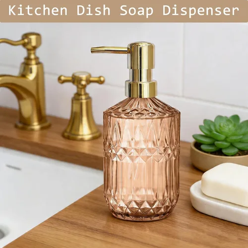 Miniatura 6 de 14Oz Gold Pump Glass Soap Dispenser, Amber Diamond Design Countertop Refillable Liquid Bottle Hand Dish Lotion Dispenser with Plastic Pump, for