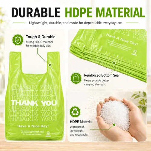 Miniatura 5 de YoYoRain 100 unidades de bolsas de camiseta “Gracias” – Bolsas de plástico verdes para compras con asas, para venta al por menor, abarrotes