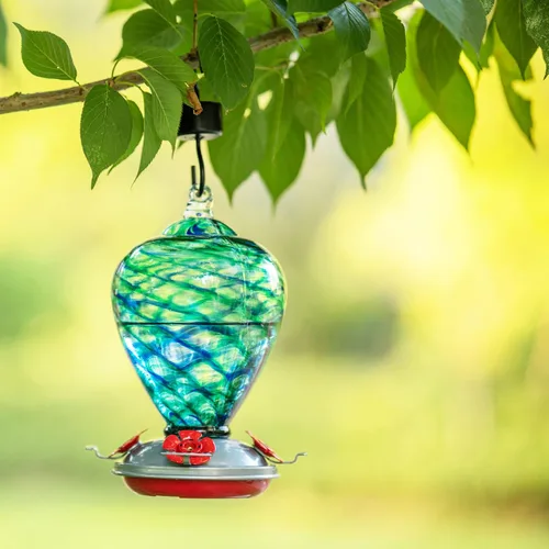 Miniatura 3 de Comederos para Colibríes, 34 OZ Comedero de Vidrio Soplado a Mano para Colibríes para Exteriores Colgante con Ganchos de Foso Antihormigas, Perfecto