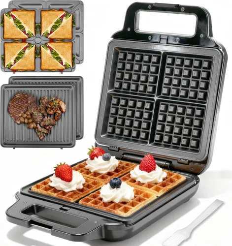 FineMade Máquina para Hacer Waffles Belga con Placas Desmontables, Waflera Eléctrica, Gran Plancha para Waffles, Prensa para Panini de 3 en 1,
