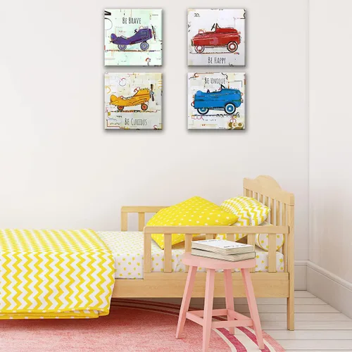 Miniatura 3 de Oreichar Art Arte de pared para niños, citas inspiradoras, lienzo impreso con dibujos animados, cuadro colorido de avión de automóvil