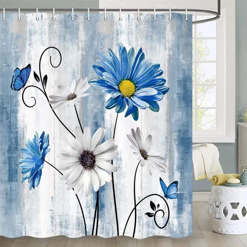 Miniatura 3 de JAWO Cortina de ducha con diseño floral de margaritas azules, cortina de ducha rústica de granja y mariposa en el campo, juego de cortinas de ducha