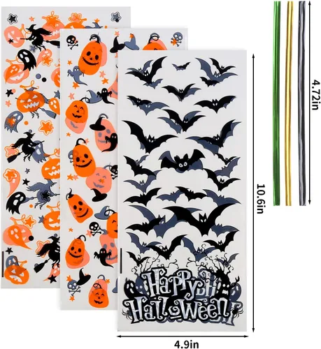 Miniatura 3 de LOKIPA Bolsas de celofán para dulces de Halloween, 150 piezas, bolsas de regalo con lazos giratorios para suministros de fiesta (3 estilos)