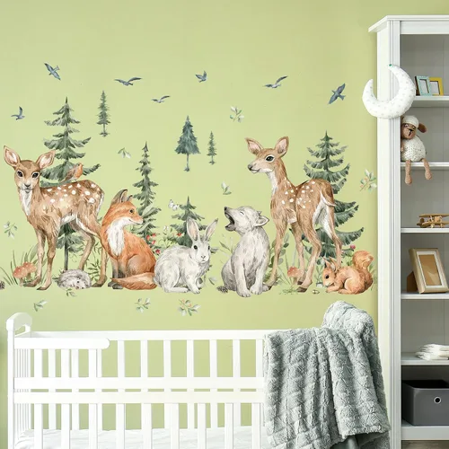 Miniatura 3 de Amaonm - 4 hojas de 12 x 36 pulgadas, calcomanías de pared de árbol de bosque gigante, bosque, ciervo, oso, conejo, zorro, ardilla, pájaros, pino