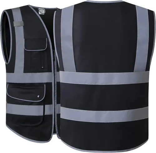 Miniatura 4 de Chalecos de seguridad reflectantes clase 2 retro con 9 bolsillos y cremallera frontal ANSI/ISEA 107-2015 (Negro-03, S)