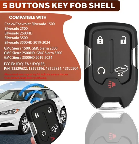 Miniatura 3 de Funda para llave de 5 botones para Chevy Silverado GMC Sierra 1500 2500 HD 3500 HD 2019 2020 2021 2022 2023 2024 HYQ1EA HYQ1ES, cubierta de llave