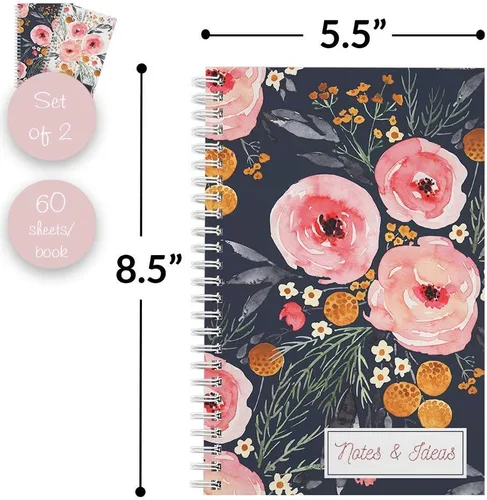 Miniatura 4 de Gotcha Covered Notebooks Mountain Floral: Juego de 2 cuadernos de espiral encuadernados con alambre. Dos diseños elegantes con 120 papeles con rayas