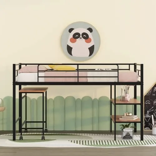 Miniatura 7 de anwickjeff Moderna cama baja tipo loft tamaño individual con escritorio y 2 estantes de almacenamiento para niños y adultos, marco de cama de metal
