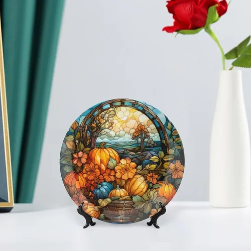 Miniatura 6 de Plato de cosecha de otoño de calabaza para decoración de pared de oficina en casa, plato decorativo con soporte de exhibición, adorno de cerámica