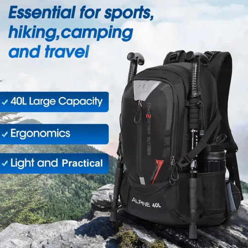 Miniatura 8 de Mochila de senderismo para acampar 40L al aire libre, mochila de viaje ligera con cubierta de lluvia para mujeres y hombres (negro)