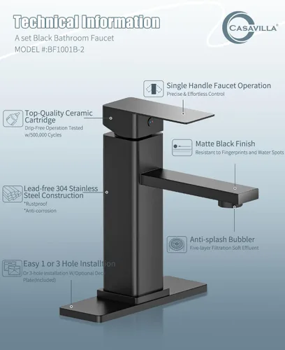 Miniatura 7 de Juego de grifos de baño con desagüe emergente, grifo moderno de lavabo de baño negro de una sola manija con placa de cubierta (1 o 3 agujeros), 1.