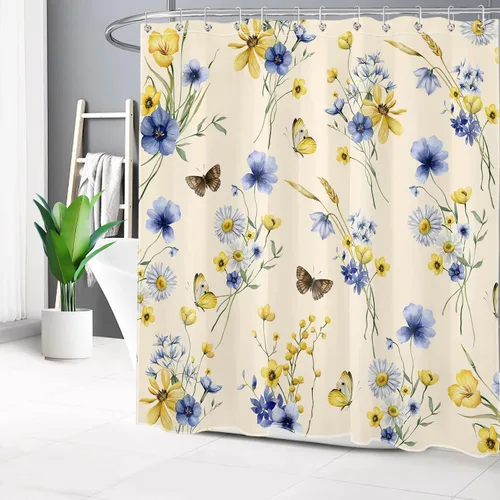 Miniatura 14 de EOBTAIN Cortina de ducha floral de acuarela para baño, margaritas y mariposas sobre tela beige con 10 ganchos, juego de cortinas de baño rústicas