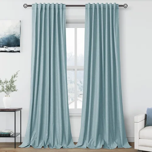 Miniatura 27 de Cortinas de lino 100% opacas para dormitorio, 102 pulgadas de largo, con pestaña trasera, bolsillo para barra, paneles acústicos con aislamiento