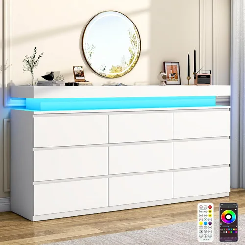 Miniatura 8 de chartustriable Cómoda de 9 cajones con luz LED, cómoda moderna para armario, gabinete organizador de cajones de 63 pulgadas de ancho