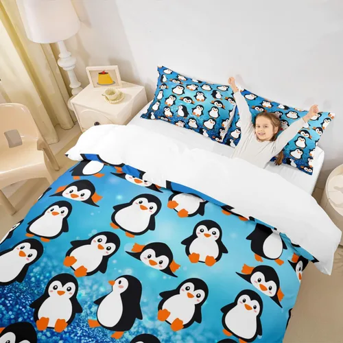 Miniatura 3 de Juego de funda de edredón de pingüinos de dibujos animados para niños, tamaño King, bonito juego de ropa de cama de animales de poste ártico