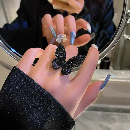 Miniatura 3 de Anillos de mariposa de diamantes de imitación para mujer, anillo de cóctel dorado ajustable, circonita cúbica, cristal brillante, lazo plateado
