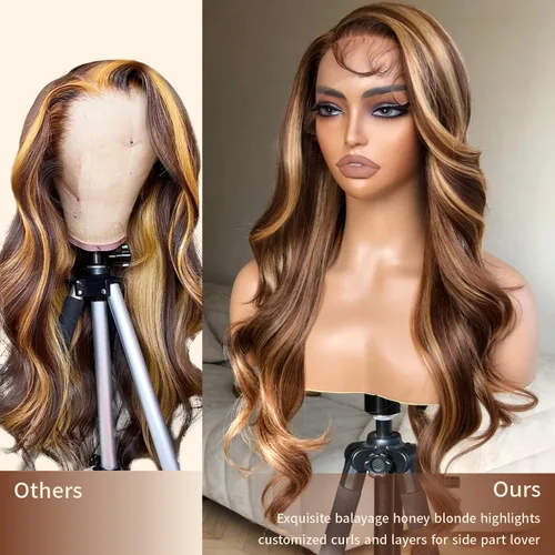 Miniatura 7 de BrownBomb - Peluca sintética de encaje frontal con onda corporal rubio miel, prearrancada, sin pegamento para mujeres, 4/27 con reflejos, degradado