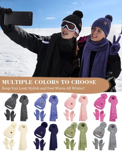 Miniatura 5 de Womens Winter Warm Beanie Hat Touchscreen Gloves Long Scarf Set Rib Cable Knit Fleece Lined Skull Pom Caps