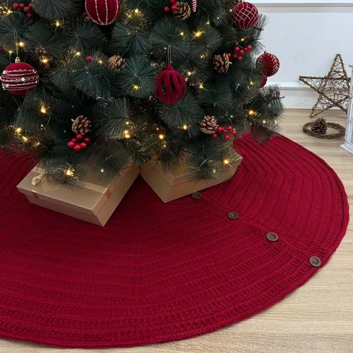 Miniatura 11 de Falda de árbol de Navidad de punto acanalado de 36 pulgadas con botones de roble, borgoña