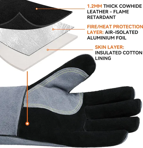 Miniatura 3 de OZERO Guantes de soldadura resistentes al calor 932°F de cuero de vaca de 16 pulgadas, manga larga y forro aislante, guantes de barbacoa