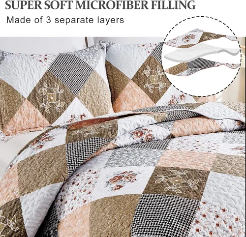 Miniatura 3 de Dinjoy Juego de edredón floral a cuadros de retazos tamaño California King, juego de ropa de cama reversible marrón de microfibra suave, colcha