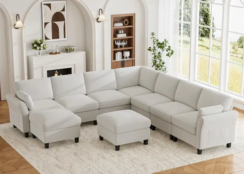 Miniatura 10 de Legend Vansen Sofá modular seccional, cómodo sofá modular en forma de U de 6 asientos con espacio de almacenamiento y diván, sofás seccionales Crema