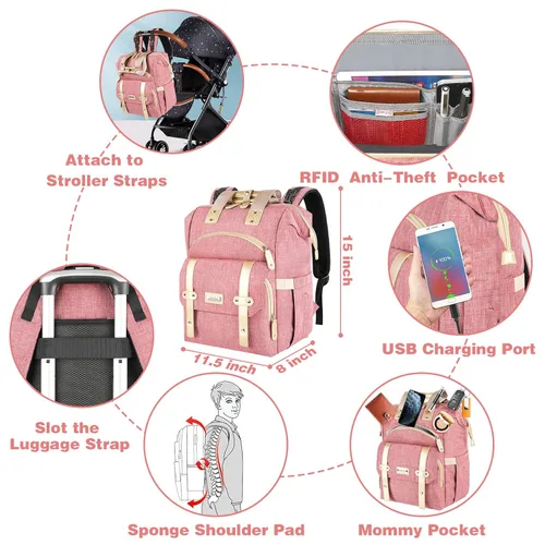 Miniatura 6 de Jiefeike Mochila para pañales, bolsa de pañales rosa para bebés y niñas para mamá, bolsas de viaje para bebés, mochila para mujeres, bolsillos