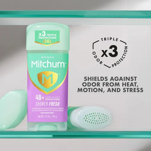 Miniatura 19 de Mitchum Gel antitranspirante y desodorante para mujer con triple protección contra olores, polvo fresco, protección 48 horas, 2.25 onzas