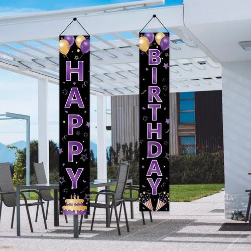 Miniatura 6 de Cartel de feliz cumpleaños de color morado dorado para mujeres y niñas, letrero de feliz cumpleaños morado, suministros de fiesta, 16, 21, 30, 40
