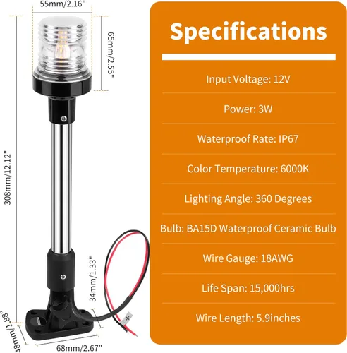 Miniatura 6 de RVZONE Luces de popa para barcos, 12 pulgadas 180° plegable luz de anclaje IP67 luces de navegación 360° luces LED blancas para barco para pontón