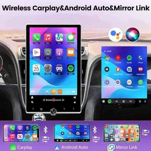 Miniatura 3 de 2+64G Android Single DIN 10.4 pulgadas Rotación vertical Pantalla táctil Radio de coche con Bluetooth, CarPlay inalámbrico y Android Auto, WiFi
