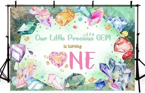 Miniatura 4 de AIBIIN Fondo de fotografía con texto en inglés «She is a Gem is a Gem», «She is a Gem», «Happy 1st Birthday» para niñas y niños, piedras preciosas