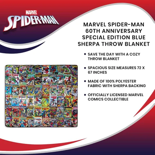 Miniatura 7 de Marvel Spider-Man Manta de Tiro de Forro Polar de Edición Especial del 60º Aniversario con Respaldo de Sherpa Azul Cubierta de Poliéster de Felpa