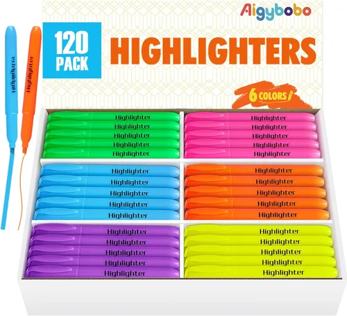 Aigybobo Paquete de 120 resaltadores en 6 colores surtidos, punta de cincel para secar rápidamente a granel, marcadores de resaltadores que no se