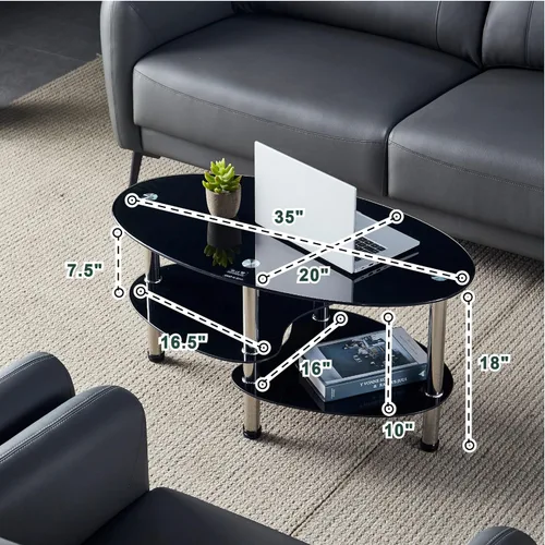 Miniatura 2 de Mesa de té de vidrio ovalada para oficina, mesa de centro moderna de 3 niveles, mesa auxiliar para sala de estar (negro)