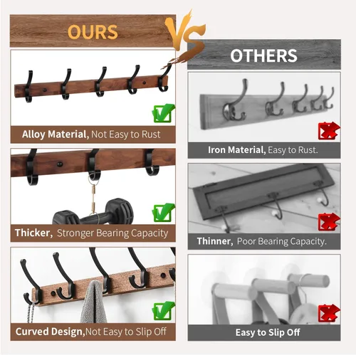 Miniatura 3 de Perchero de pared montado, estante de gancho de madera de nogal resistente con 5 ganchos dobles de metal para colgar abrigos, colgador de abrigos