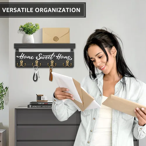 Miniatura 2 de buways Portallaves Decorativo de Pared, Colgador de Llaves de Madera Rústica para Pared con 4 Ganchos Dobles para Llaves, Estante Portallaves