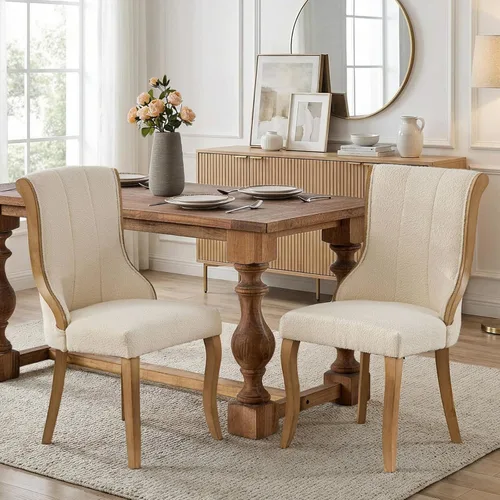 Miniatura 75 de SoarFlash Juego de 2 sillas de comedor de tela de lino, sillas de comedor tapizadas con ribete de cabeza de clavo y patas de madera de color claro