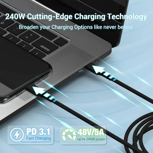 Miniatura 2 de Cable USB C de 240 W, cable USB C a USB C de 1.6 pies, cable de nailon trenzado de alta elasticidad tipo C 5A, cable de carga rápida compatible