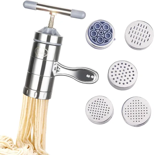 Máquina de fideos manuales de acero inoxidable, máquina de prensa portátil para hacer pasta, herramientas de fabricación de espaguetis con 5 moldes