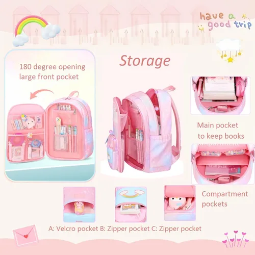 Miniatura 5 de Mochila infantil con diseño de arcoíris degradado para niñas, escuela primaria, con estampado de corazón, mochila escolar con compartimentos