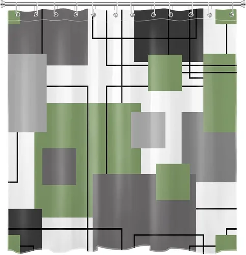 Miniatura 4 de LB Cortina de ducha geométrica a rayas grises y blancas, cortinas de ducha abstractas de mediados de siglo verde salvia para baño, 72 x 72 pulgadas