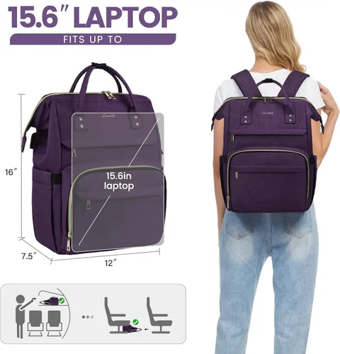 Miniatura 6 de LOVEVOOK - Mochila para laptop de mujer, de negocios, de viaje, bolsa de trabajo, Púrpura oscuro, 15,6 pulg.
