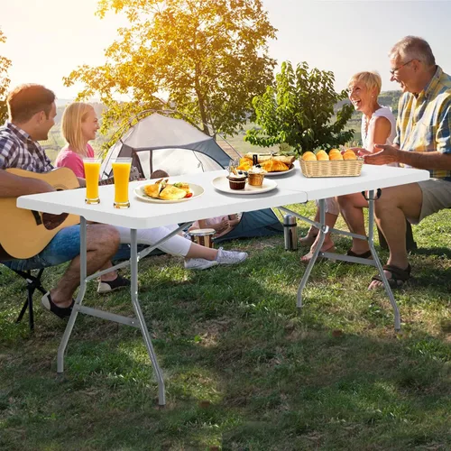 Miniatura 8 de GYMAX Mesas plegables de 6 pies, mesa de campamento portátil ligera con asa de transporte, fácil de plegar para interiores y exteriores, mesa