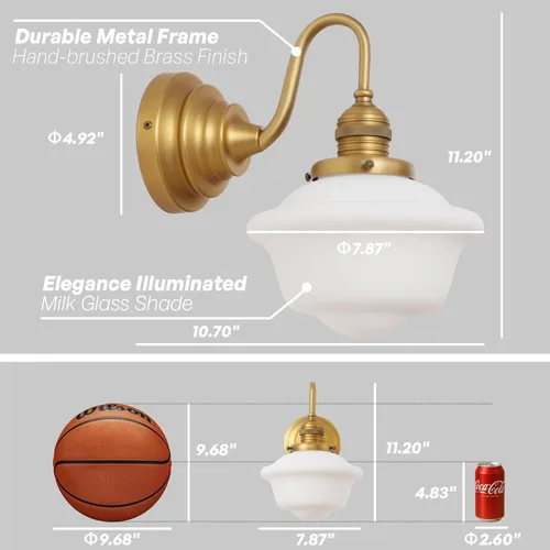 Miniatura 8 de Apliques de Pared Vintage de Latón Antiguo Dorado Luz de Tocador de Baño con Vidrio Esmerilado Lámpara de Aplique de Pared de Instalación Fija