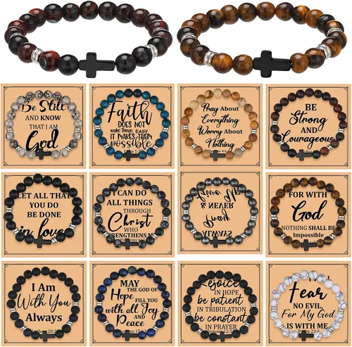 Miniatura 8 de Cunno Juego de 12 Pulseras de Cruz Cristiana al Por Mayor, Pulseras de Cuentas de Cruz Religiosa para Mujeres y Hombres, 12 Cosas de Cuentas