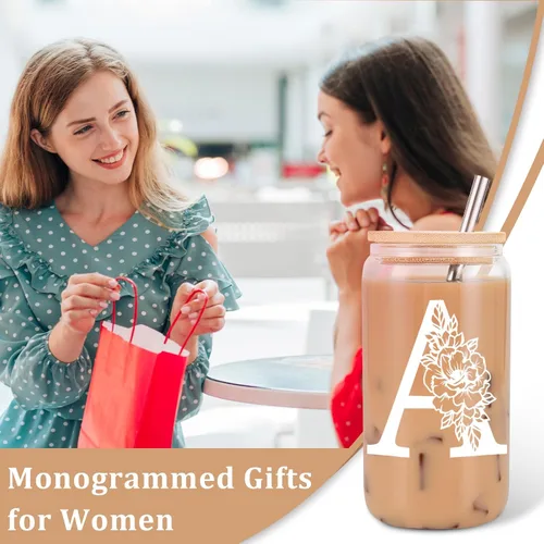 Miniatura 3 de Taza de Vidrio Inicial Coolife, Regalos Personalizados para Mujeres, Tazas de Vidrio de 16 oz con Tapas y Popotes, Taza para Café Helado, Licuado