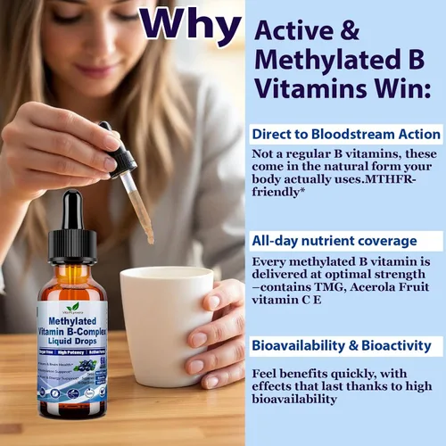 Miniatura 4 de Paquete de 2 Gotas Líquidas de Complejo B Metilado Completo 9-en-1 Vitaminas Metil B con B12 Metilfolato Inositol Colina TMG Vitamina C E, Súper